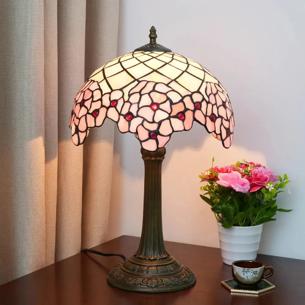 12inch Stained Glass Pink Cherry Blossoms Floral Lampshade Vintage Tiffany Desk Lamp - CTL