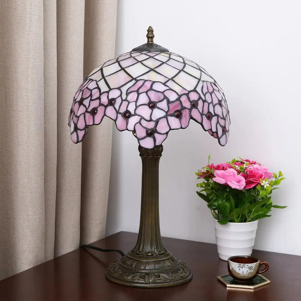 12inch Stained Glass Pink Cherry Blossoms Floral Lampshade Vintage Tiffany Desk Lamp - CTL