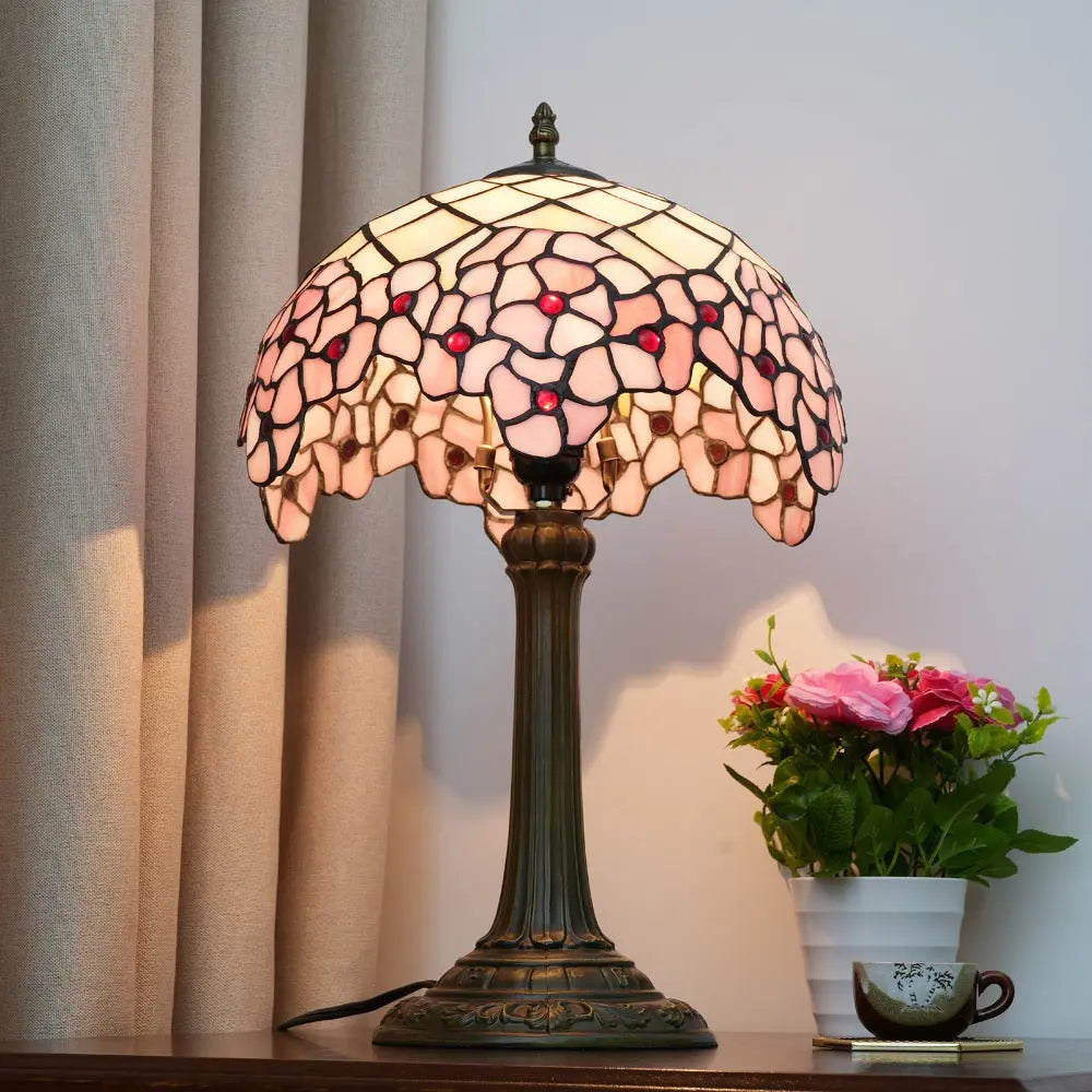 12inch Stained Glass Pink Cherry Blossoms Floral Lampshade Vintage Tiffany Desk Lamp - CTL