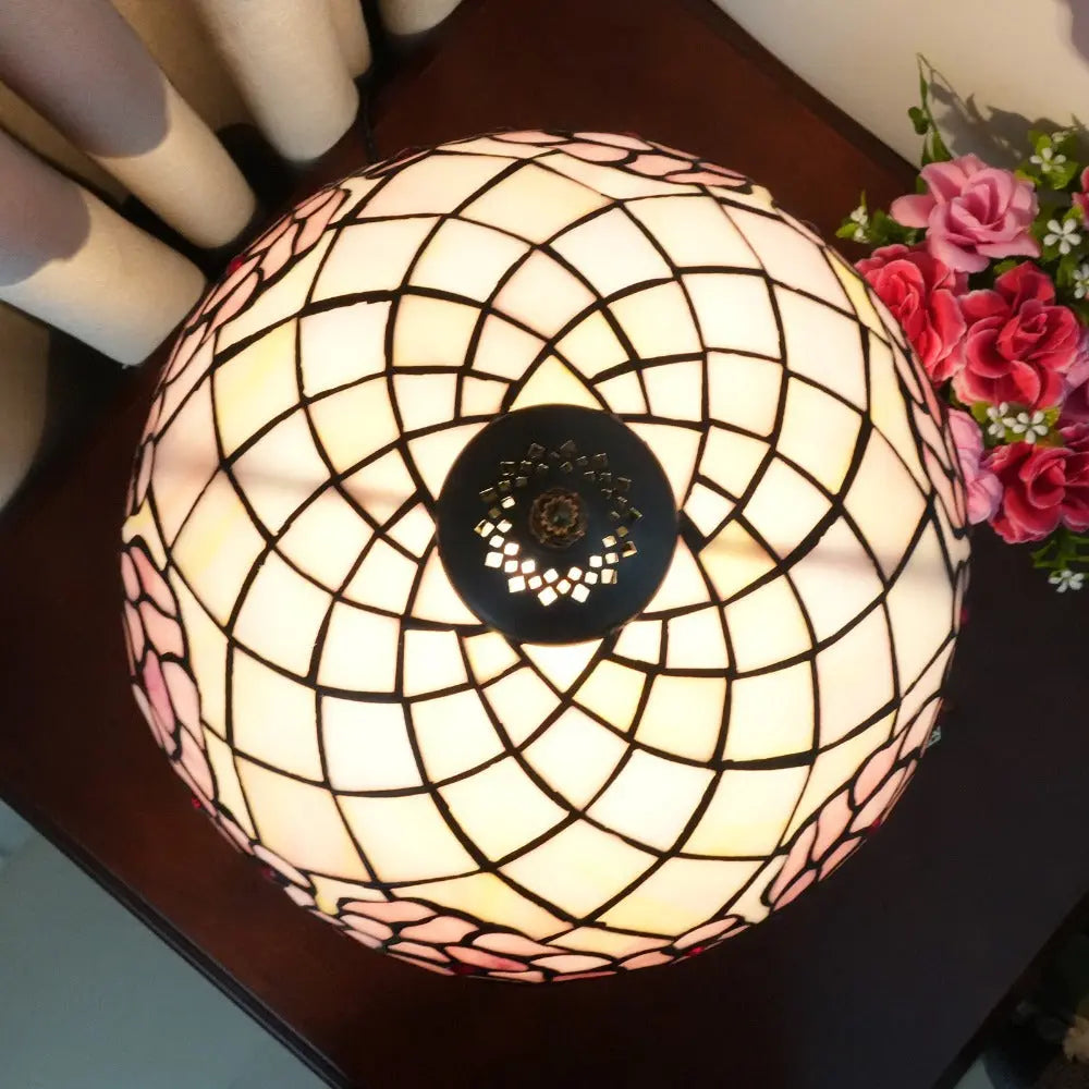 12inch Stained Glass Pink Cherry Blossoms Floral Lampshade Vintage Tiffany Desk Lamp - CTL