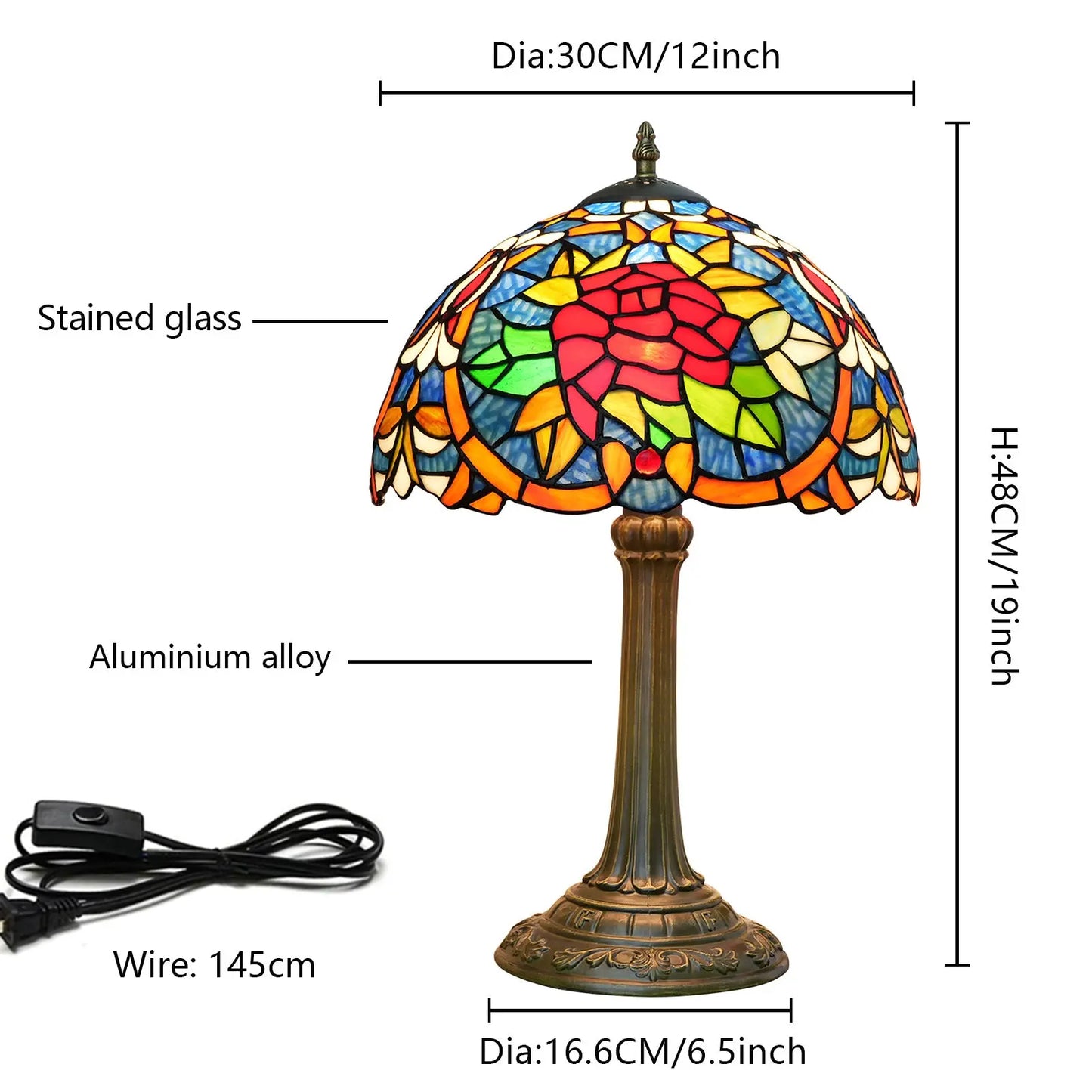 12inch Stained Glass Red Roses Lampshade Bedside Light Vintage Tiffany Style Desk Lamp - CTL