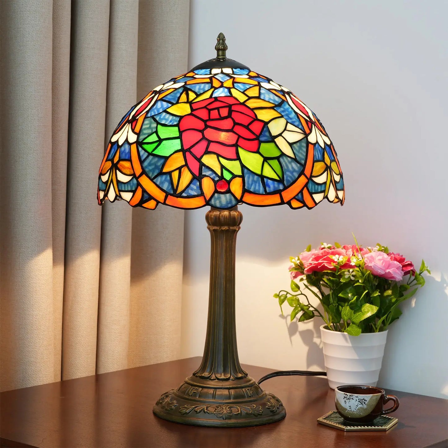 12inch Stained Glass Red Roses Lampshade Bedside Light Vintage Tiffany Style Desk Lamp - CTL