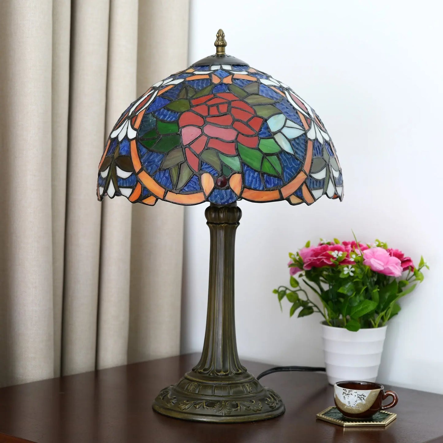 12inch Stained Glass Red Roses Lampshade Bedside Light Vintage Tiffany Style Desk Lamp - CTL