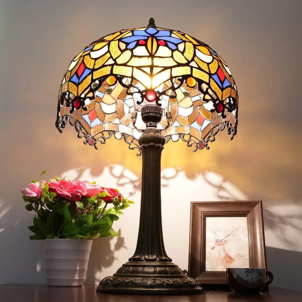 12inch Stained Glass Retro Heart-shaped Beads Lampshade Vintage Tiffany Table Lamp - CTL
