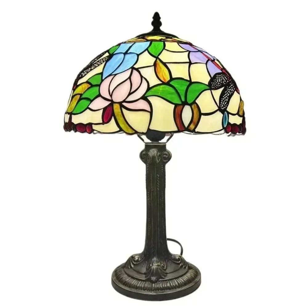 12inch Stained Glass Rose Dragonfly Lampshade Vintage Tiffany Glass Table Lamp - CTL