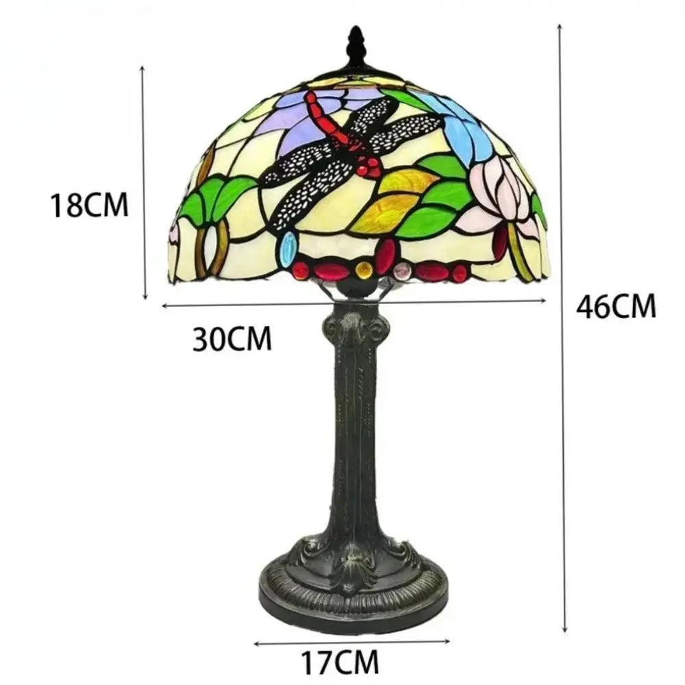 12inch Stained Glass Rose Dragonfly Lampshade Vintage Tiffany Glass Table Lamp - CTL