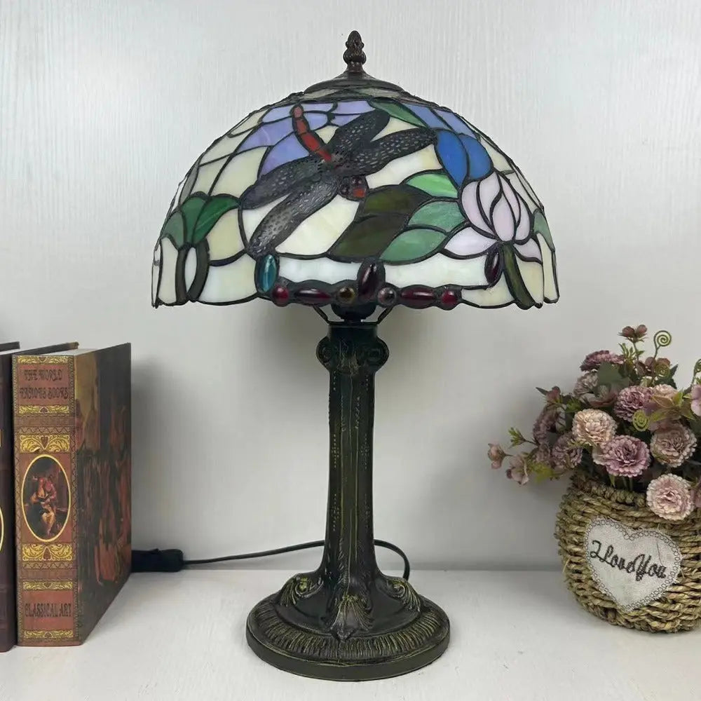 12inch Stained Glass Rose Dragonfly Lampshade Vintage Tiffany Glass Table Lamp - CTL