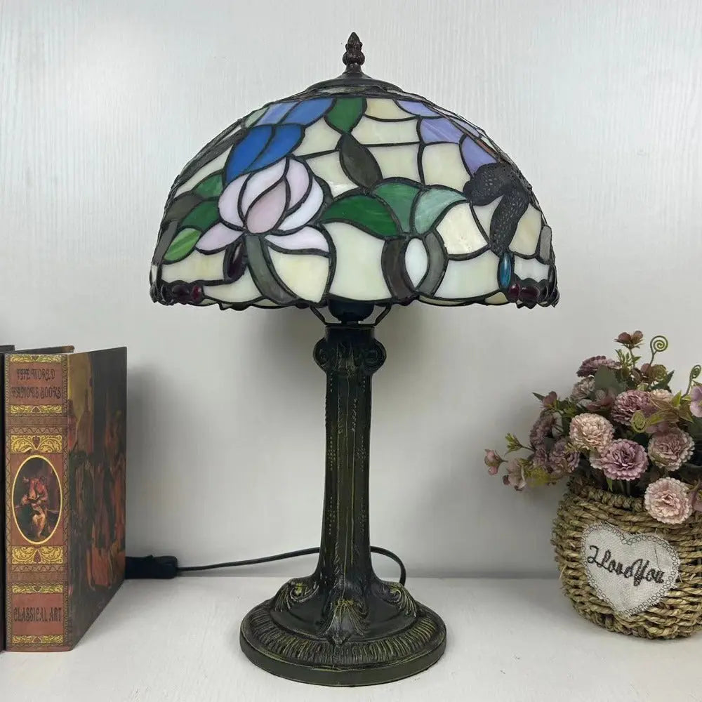 12inch Stained Glass Rose Dragonfly Lampshade Vintage Tiffany Glass Table Lamp - CTL