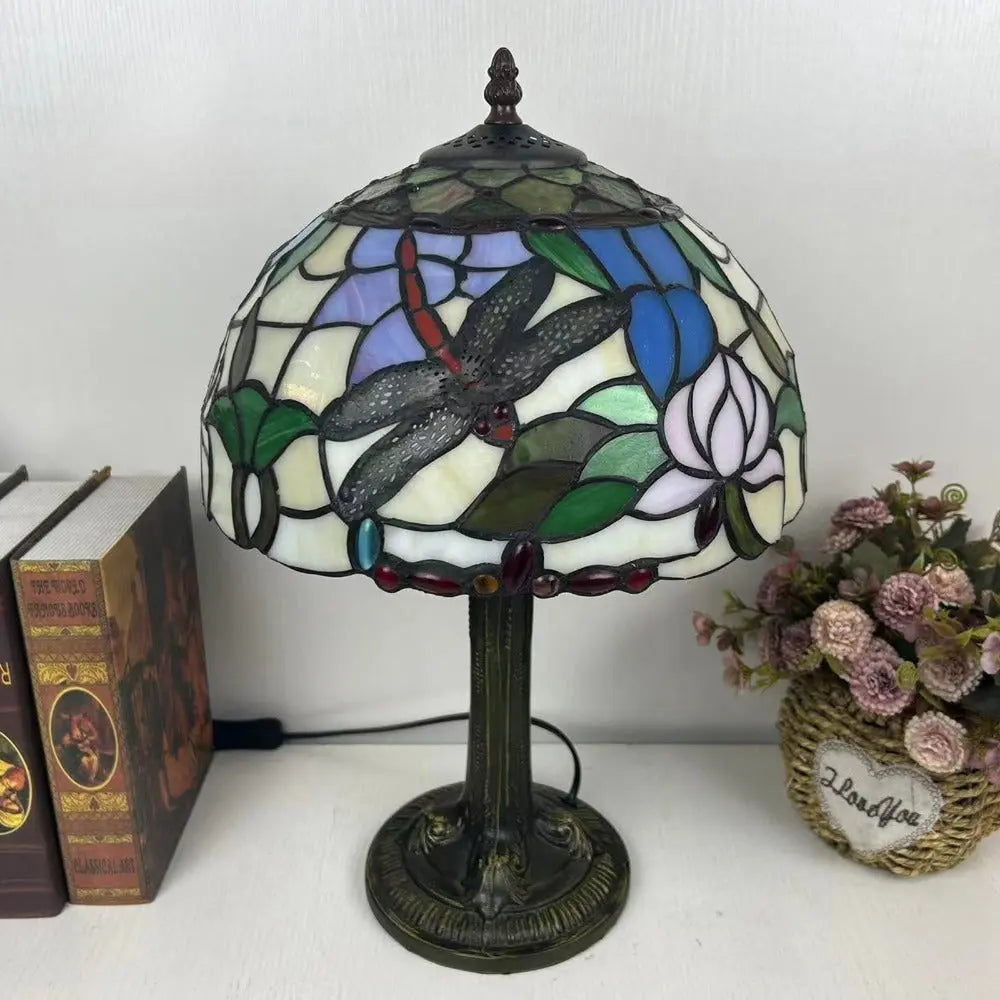 12inch Stained Glass Rose Dragonfly Lampshade Vintage Tiffany Glass Table Lamp - CTL
