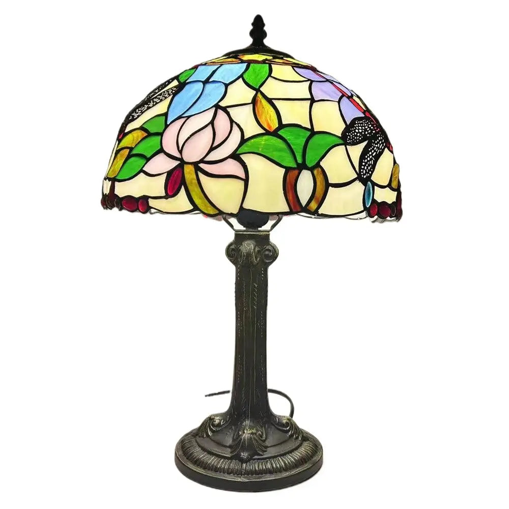 12inch Stained Glass Rose Dragonfly Lampshade Vintage Tiffany Glass Table Lamp - CTL