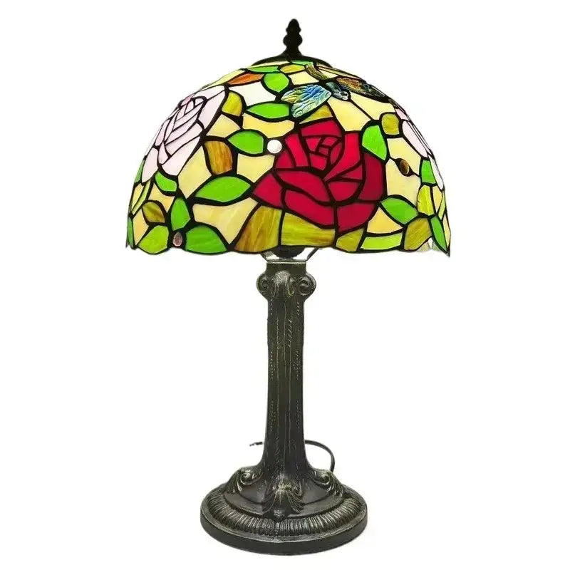 12inch Stained Glass Rose Dragonfly Lampshade Vintage Tiffany Glass Table Lamp - CTL