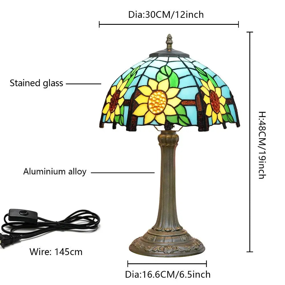 12inch Sunflower Tiffany Table Lamp Stained Glass Pastoral Lampshade Vintage Desk Light - CTL