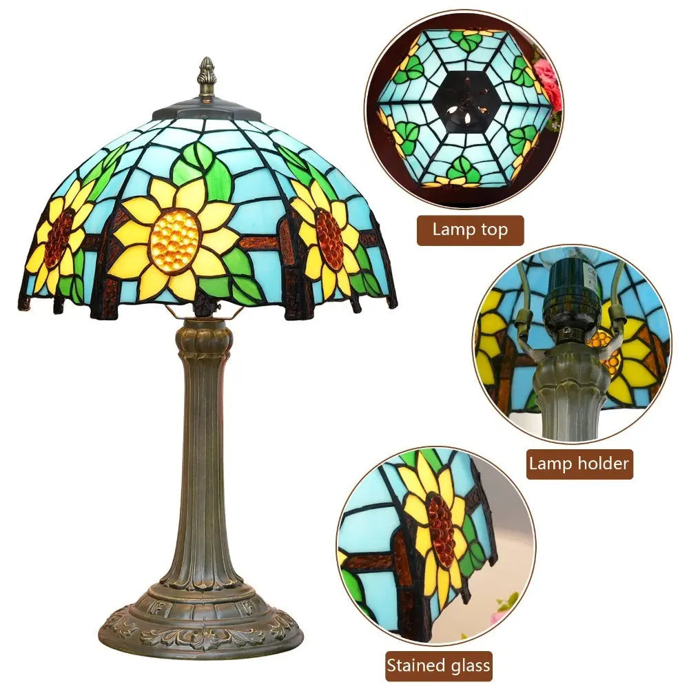 12inch Sunflower Tiffany Table Lamp Stained Glass Pastoral Lampshade Vintage Desk Light - CTL