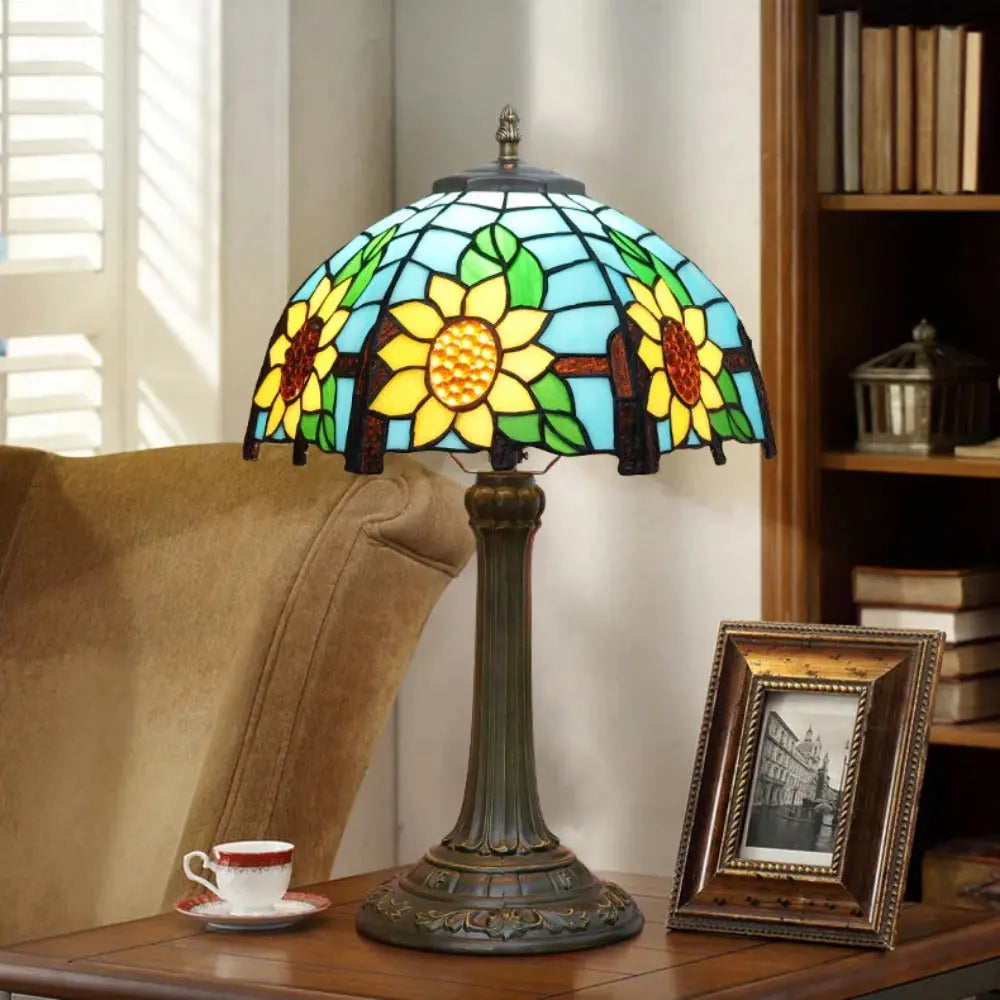 12inch Sunflower Tiffany Table Lamp Stained Glass Pastoral Lampshade Vintage Desk Light - CTL