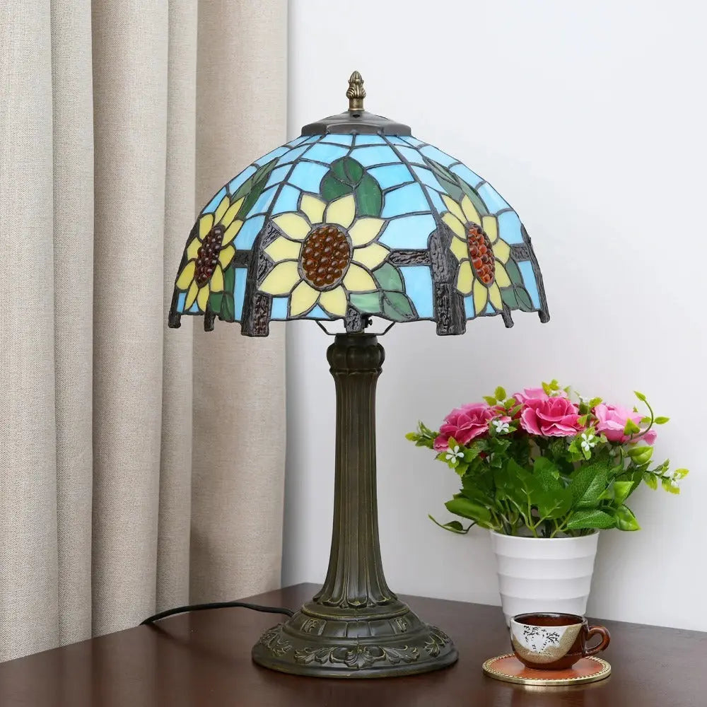 12inch Sunflower Tiffany Table Lamp Stained Glass Pastoral Lampshade Vintage Desk Light - CTL
