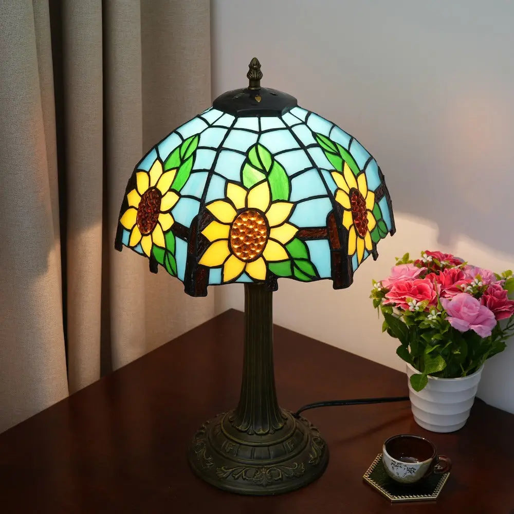 12inch Sunflower Tiffany Table Lamp Stained Glass Pastoral Lampshade Vintage Desk Light - CTL