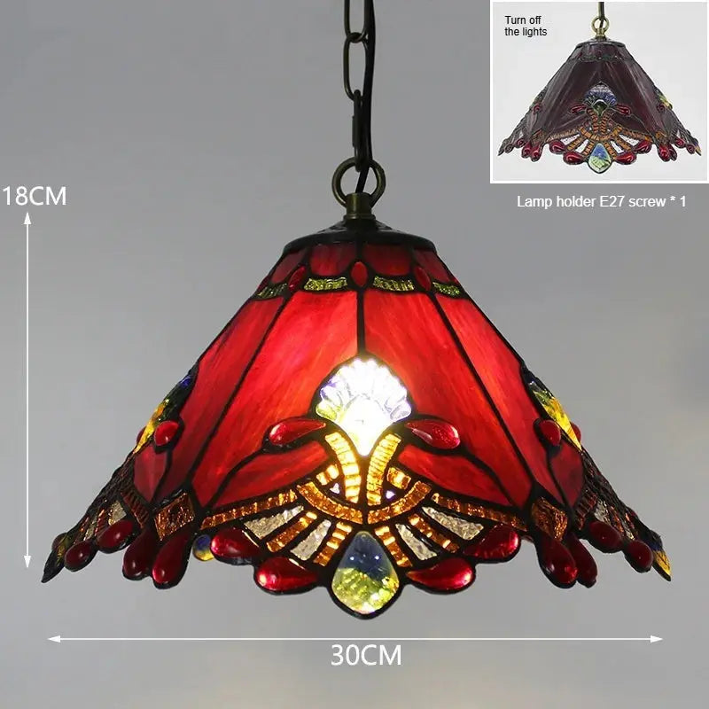 12inch Tiffany Hanging Light Stained Glass Red Umbrella Lampshade Vintage Pendant Lamp - CTL