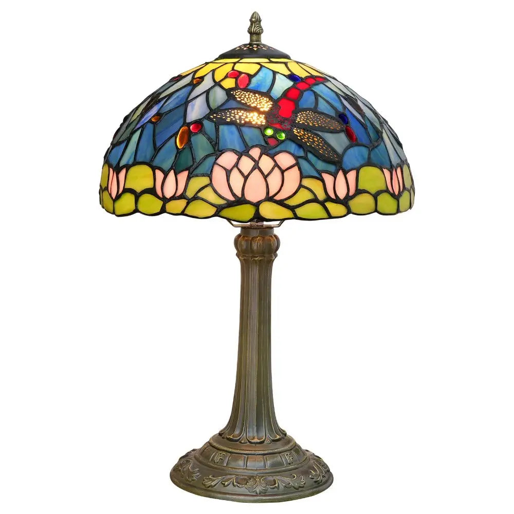 12inch Tiffany Stained Glass American Dragonfly Lotus Lampshade Vintage Table Lamp - CTL
