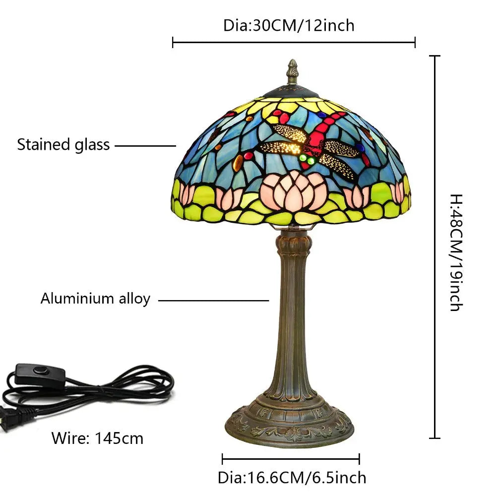 12inch Tiffany Stained Glass American Dragonfly Lotus Lampshade Vintage Table Lamp - CTL