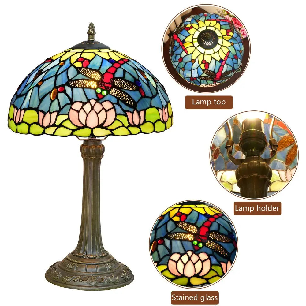 12inch Tiffany Stained Glass American Dragonfly Lotus Lampshade Vintage Table Lamp - CTL
