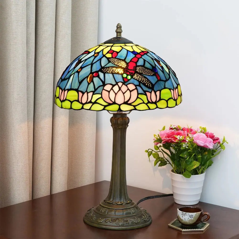 12inch Tiffany Stained Glass American Dragonfly Lotus Lampshade Vintage Table Lamp - CTL
