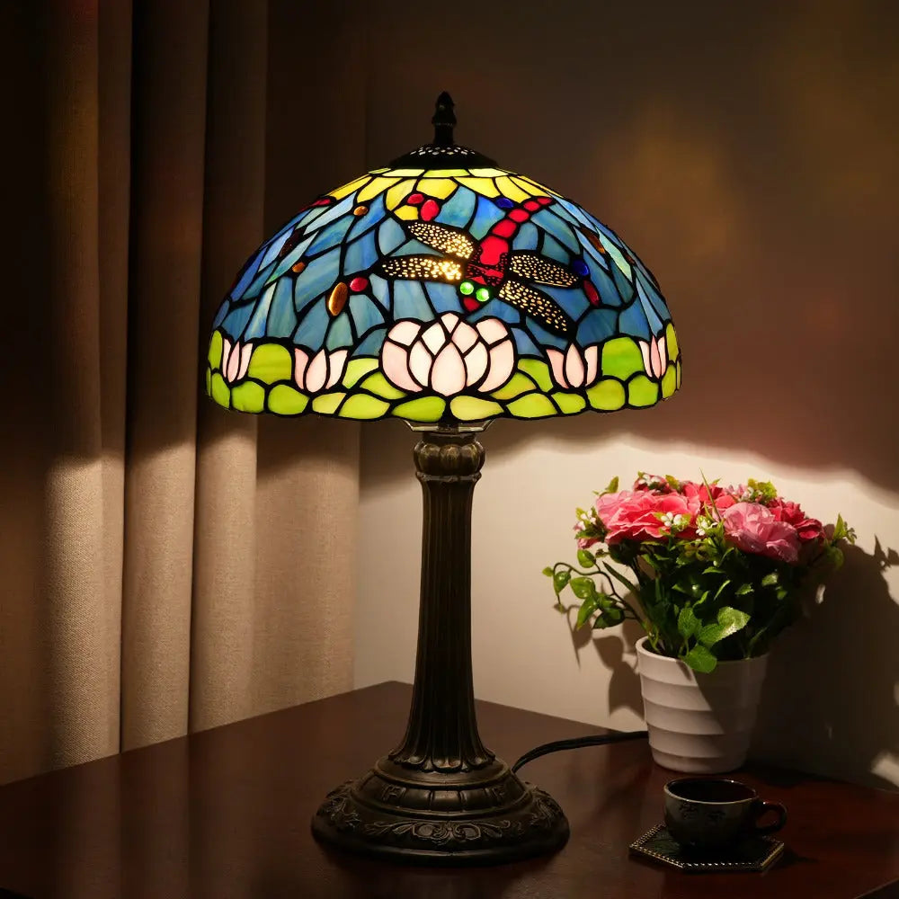 12inch Tiffany Stained Glass American Dragonfly Lotus Lampshade Vintage Table Lamp - CTL