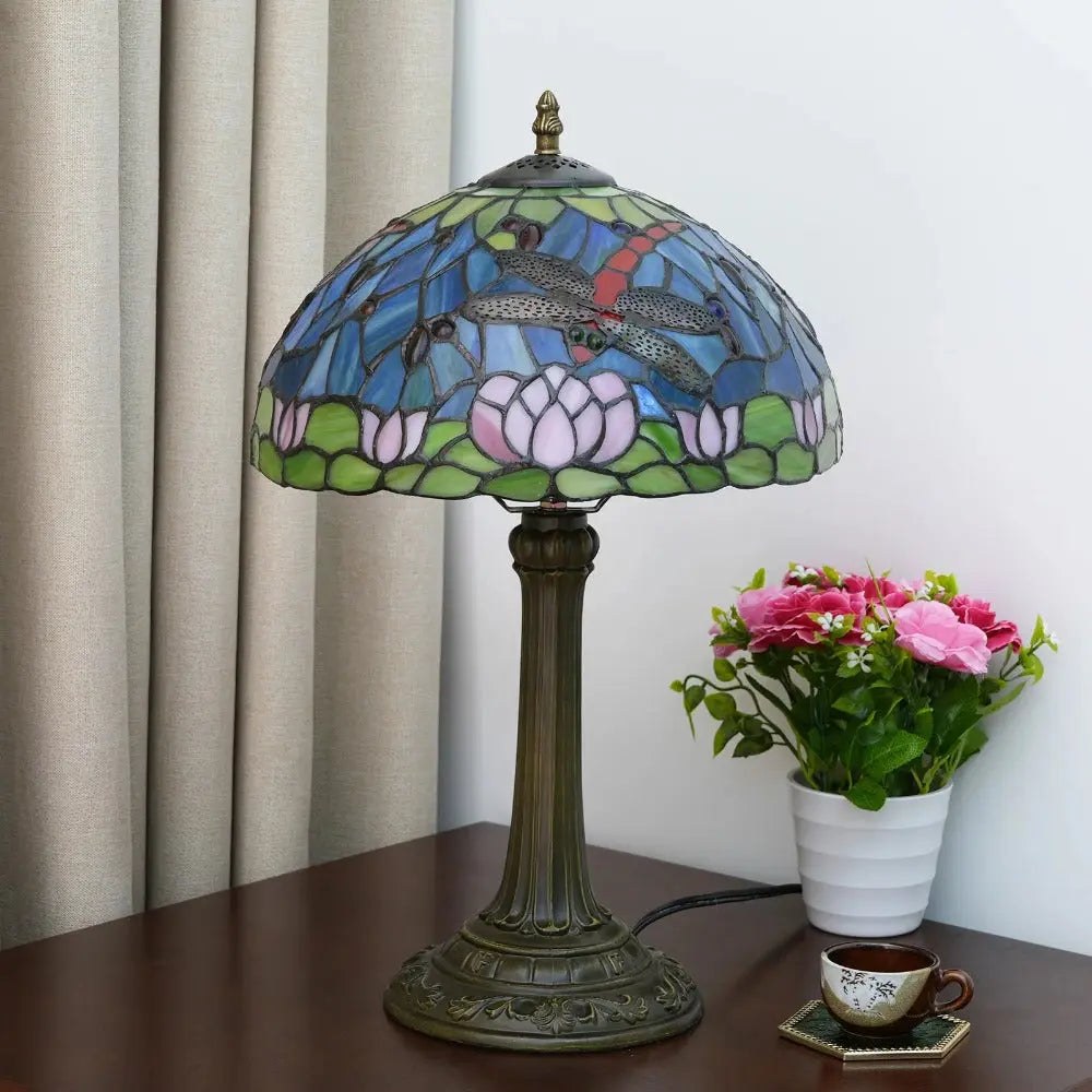 12inch Tiffany Stained Glass American Dragonfly Lotus Lampshade Vintage Table Lamp - CTL