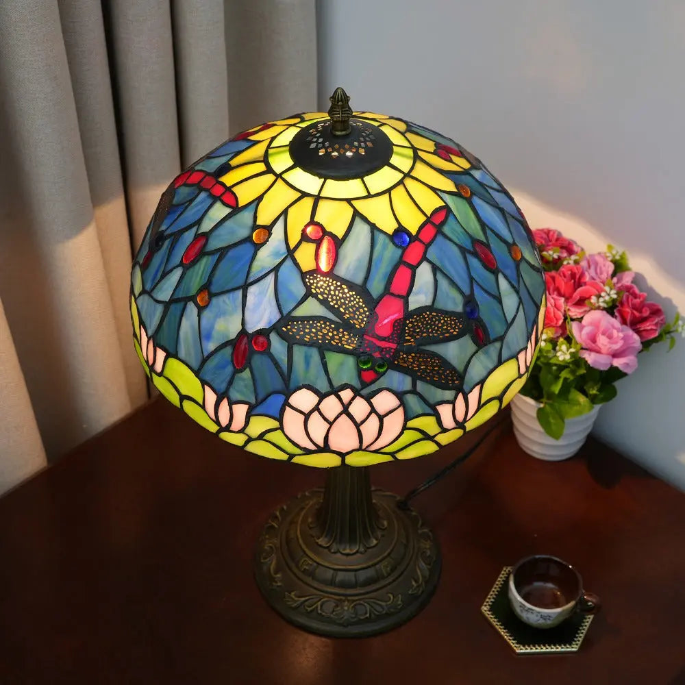 12inch Tiffany Stained Glass American Dragonfly Lotus Lampshade Vintage Table Lamp - CTL