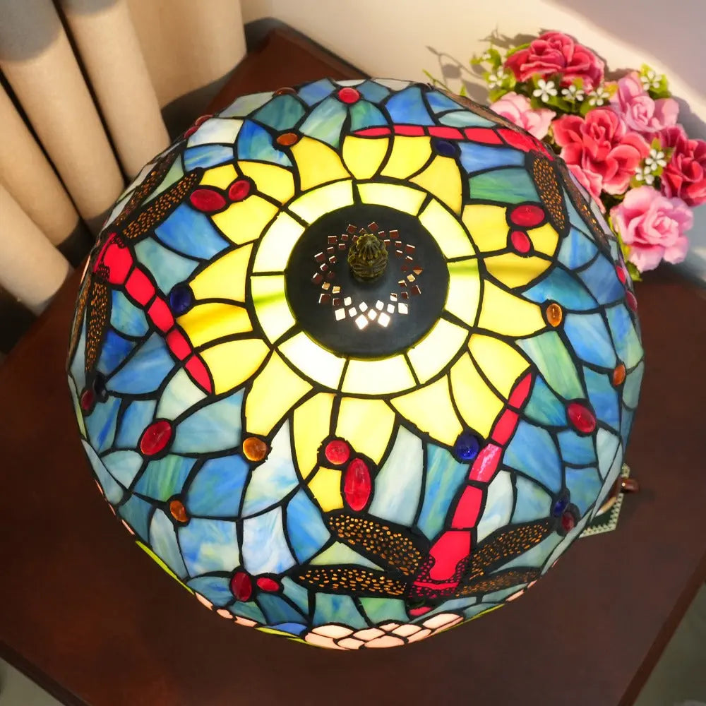 12inch Tiffany Stained Glass American Dragonfly Lotus Lampshade Vintage Table Lamp - CTL