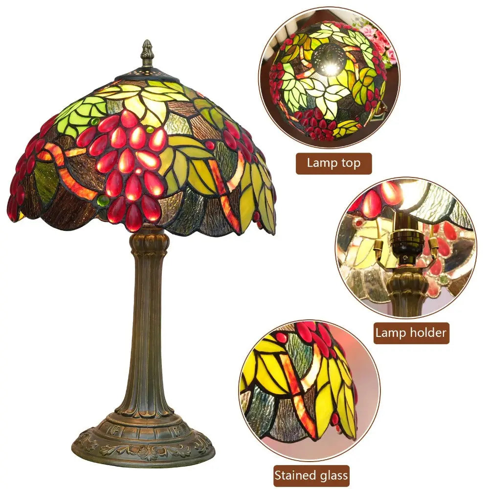 12inch Tiffany Stained Glass American Garden Grapes Lampshade Vintage Table Lamp - CTL