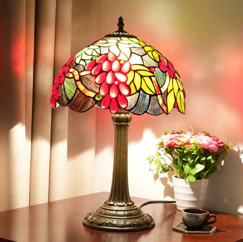 12inch Tiffany Stained Glass American Garden Grapes Lampshade Vintage Table Lamp - CTL