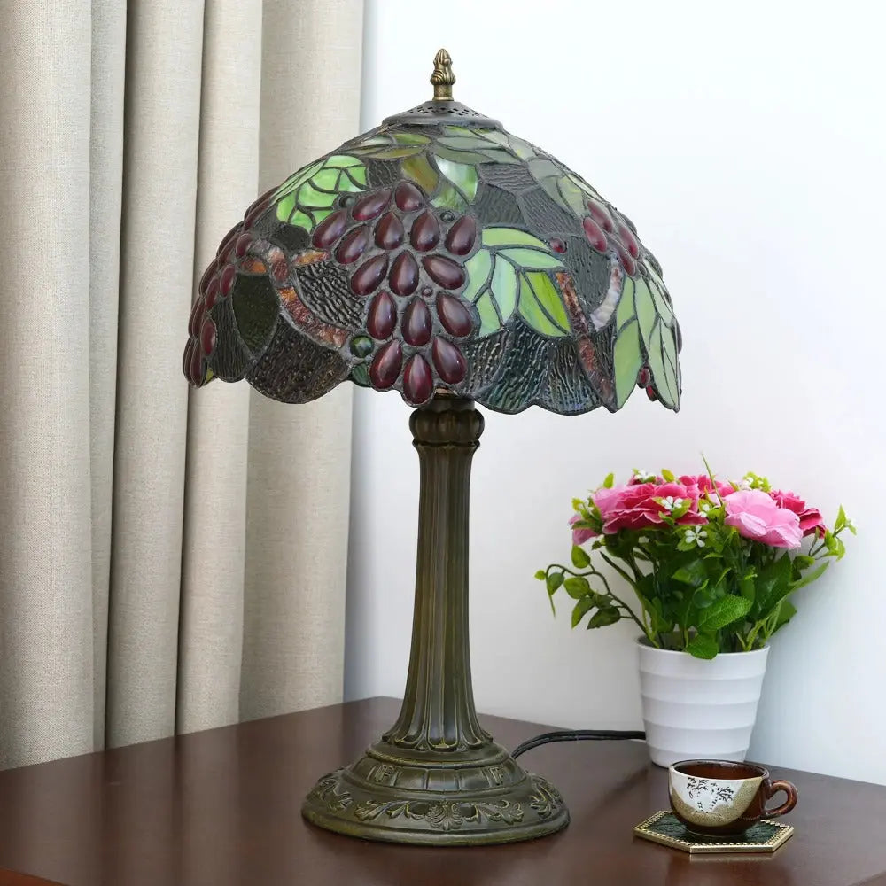 12inch Tiffany Stained Glass American Garden Grapes Lampshade Vintage Table Lamp - CTL