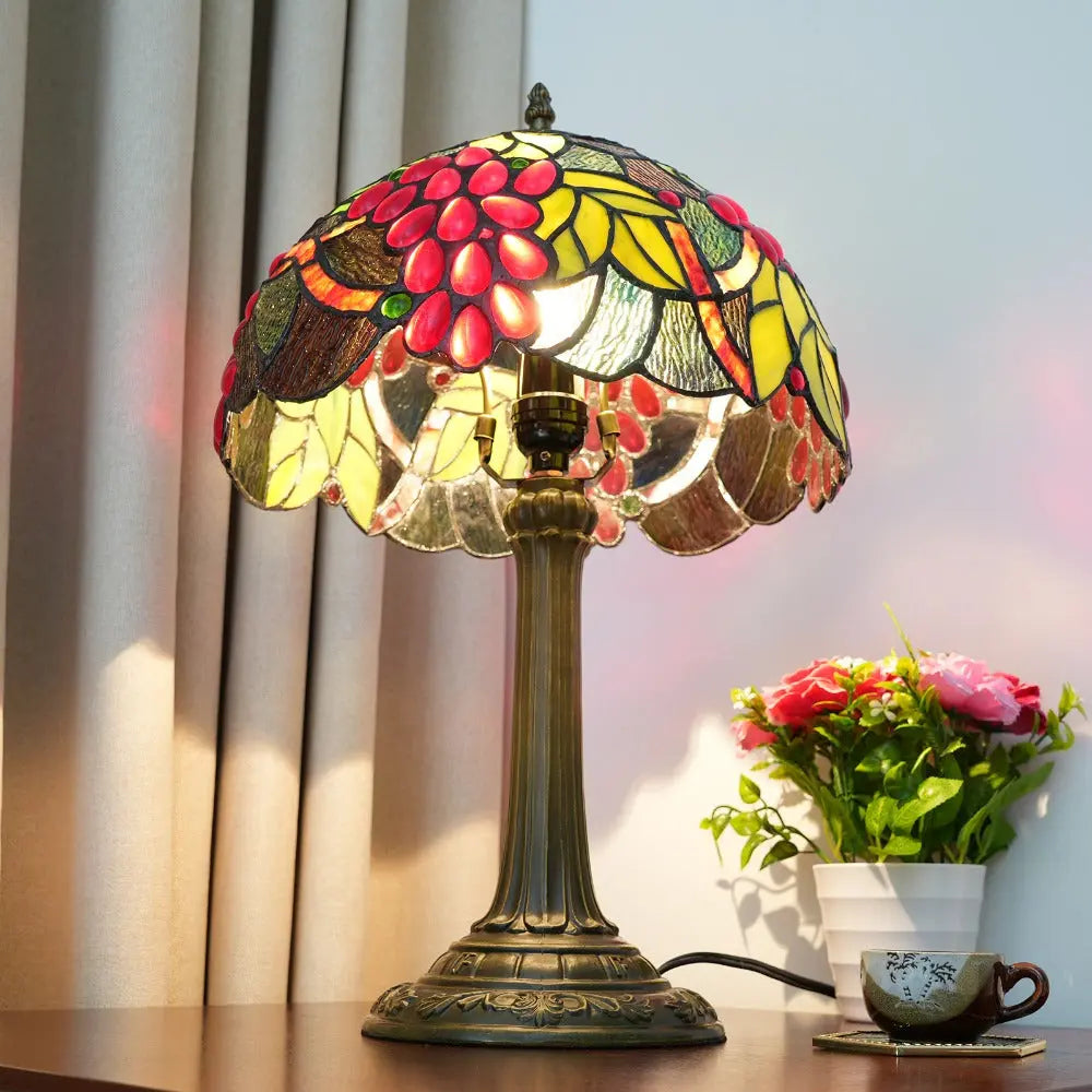 12inch Tiffany Stained Glass American Garden Grapes Lampshade Vintage Table Lamp - CTL