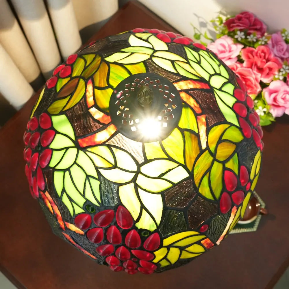12inch Tiffany Stained Glass American Garden Grapes Lampshade Vintage Table Lamp - CTL