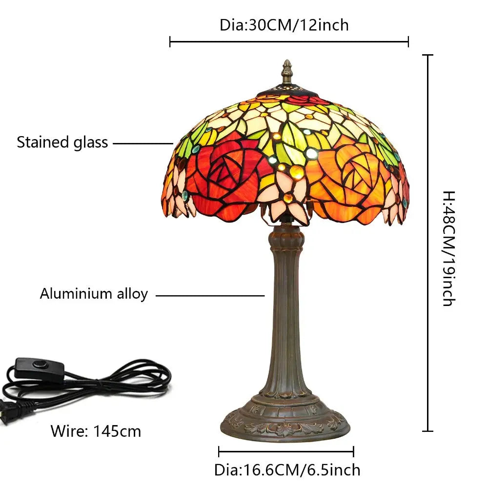 12inch Tiffany Stained Glass American Gorgeous Rose Lampshade Vintage Table Lamp - CTL