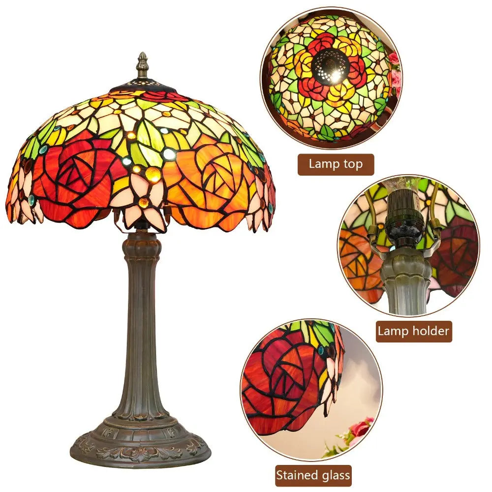 12inch Tiffany Stained Glass American Gorgeous Rose Lampshade Vintage Table Lamp - CTL