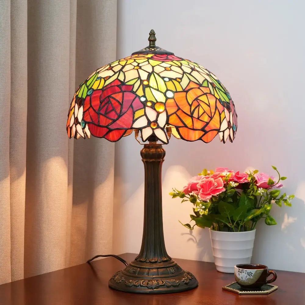 12inch Tiffany Stained Glass American Gorgeous Rose Lampshade Vintage Table Lamp - CTL