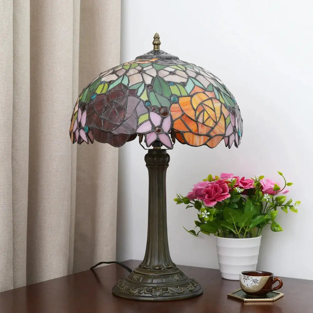 12inch Tiffany Stained Glass American Gorgeous Rose Lampshade Vintage Table Lamp - CTL