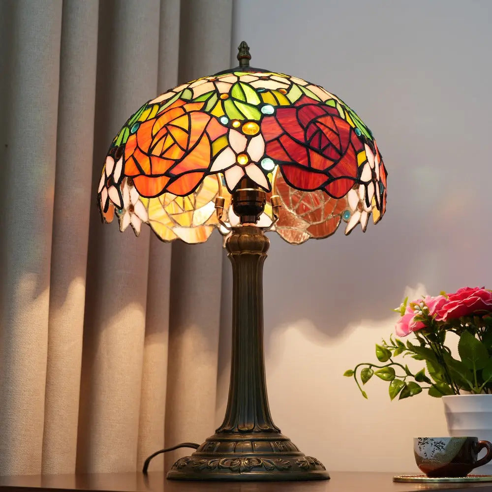 12inch Tiffany Stained Glass American Gorgeous Rose Lampshade Vintage Table Lamp - CTL
