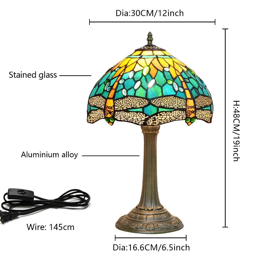 12inch Tiffany Lamp Dragonfly Antique Stained Glass Green Lampshade Desk Table Light - CTL