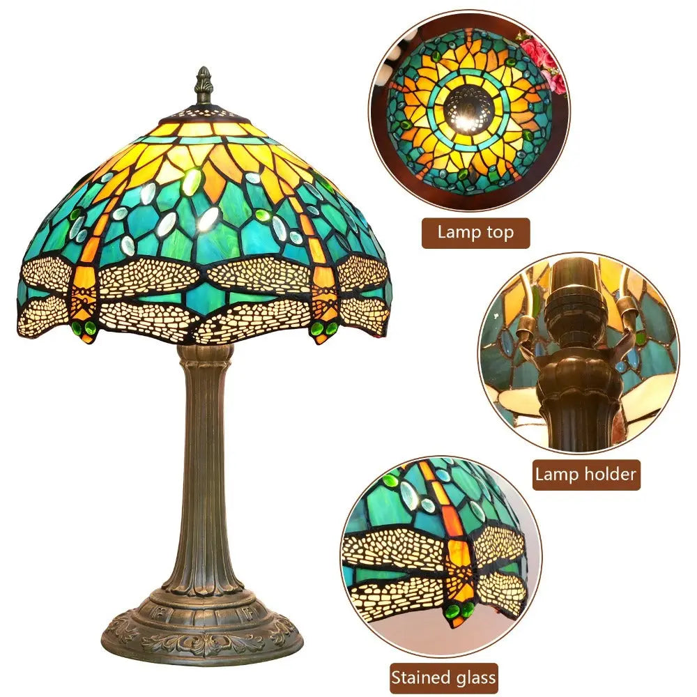 12inch Tiffany Lamp Dragonfly Antique Stained Glass Green Lampshade Desk Table Light - CTL