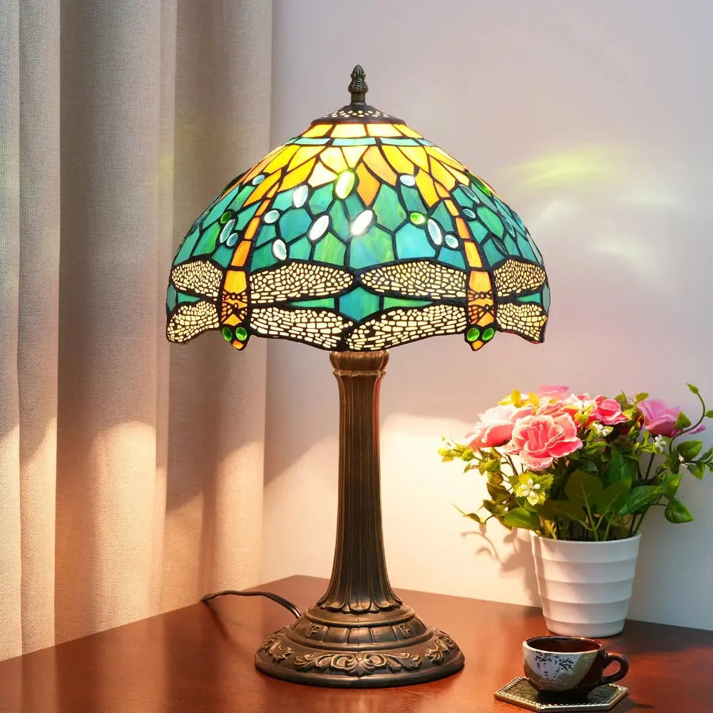 12inch Tiffany Lamp Dragonfly Antique Stained Glass Green Lampshade Desk Table Light - CTL