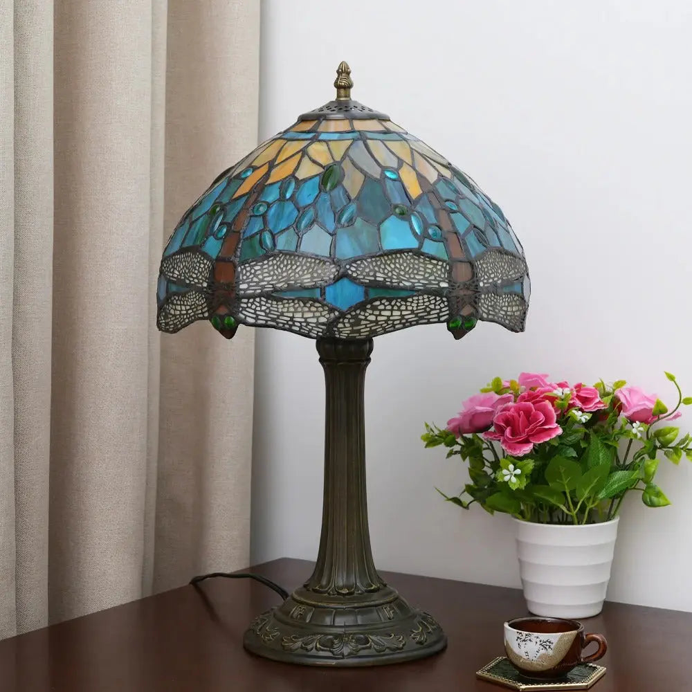 12inch Tiffany Lamp Dragonfly Antique Stained Glass Green Lampshade Desk Table Light - CTL