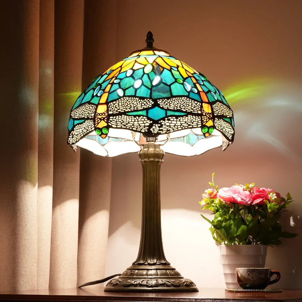 12inch Tiffany Lamp Dragonfly Antique Stained Glass Green Lampshade Desk Table Light - CTL
