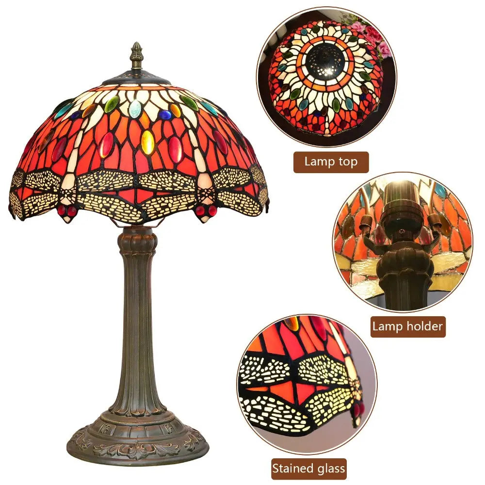 12inch Red Dragonfly Tiffany Lamp Stained Glass Lampshade Vintage Desk Light - CTL