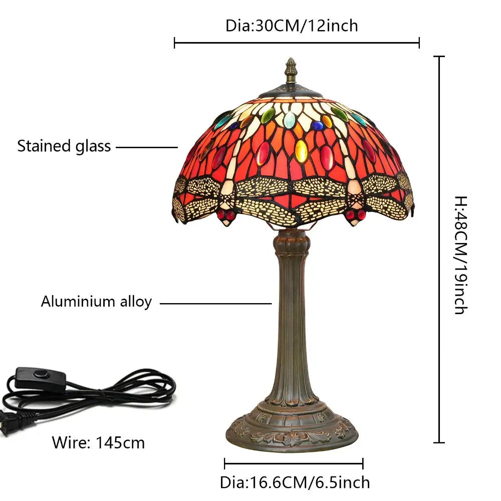 12inch Red Dragonfly Tiffany Lamp Stained Glass Lampshade Vintage Desk Light - CTL