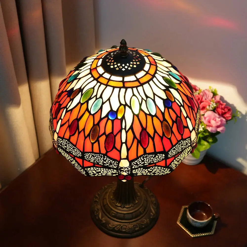 12inch Red Dragonfly Tiffany Lamp Stained Glass Lampshade Vintage Desk Light - CTL