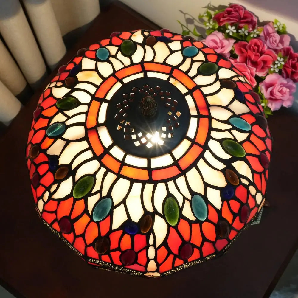 12inch Red Dragonfly Tiffany Lamp Stained Glass Lampshade Vintage Desk Light - CTL
