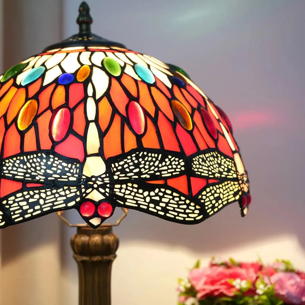 12inch Red Dragonfly Tiffany Lamp Stained Glass Lampshade Vintage Desk Light - CTL