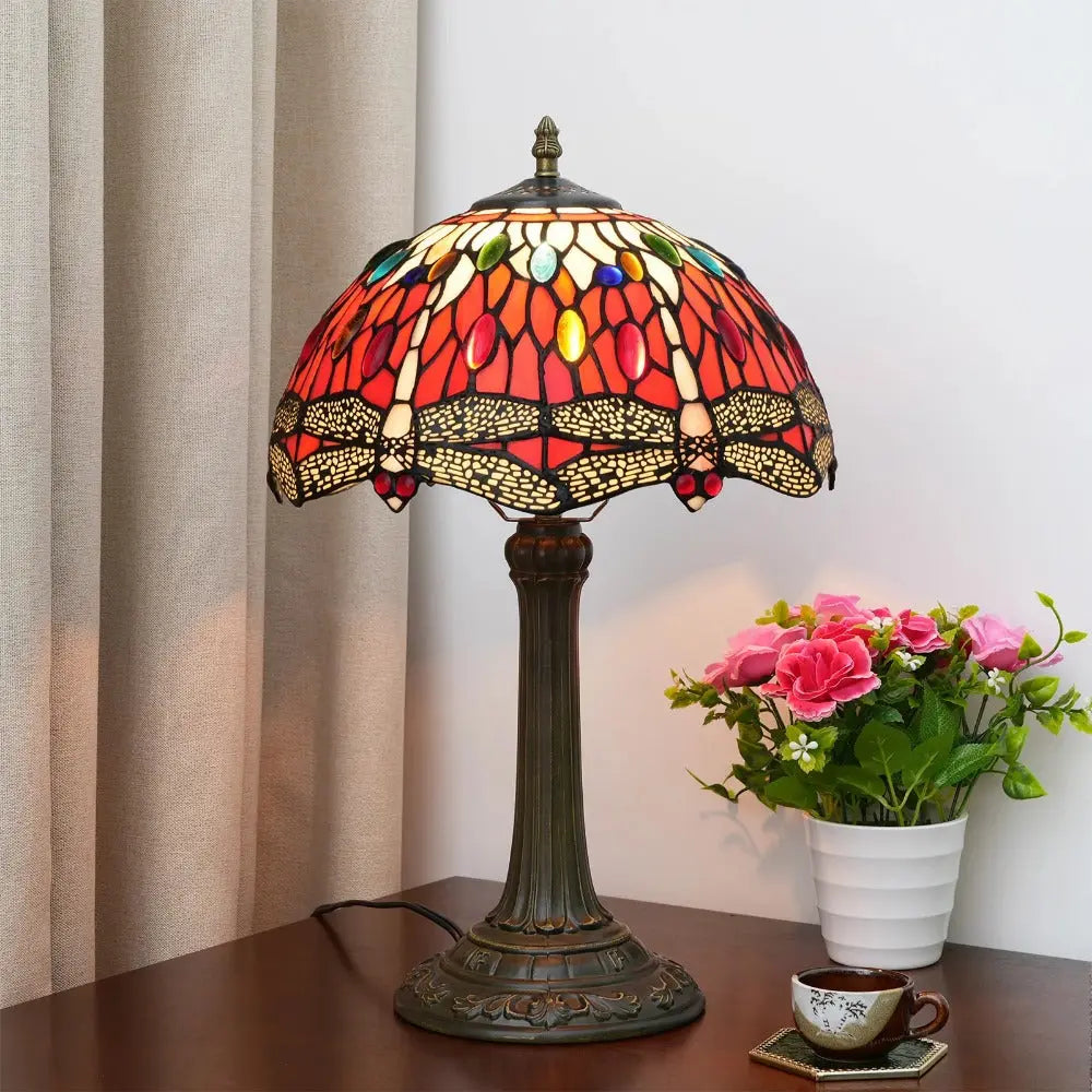 12inch Red Dragonfly Tiffany Lamp Stained Glass Lampshade Vintage Desk Light - CTL